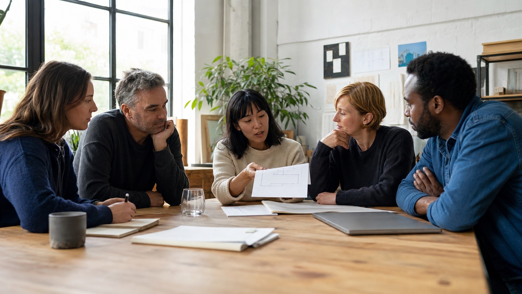 A small professional community working through a live workshop around a studio table