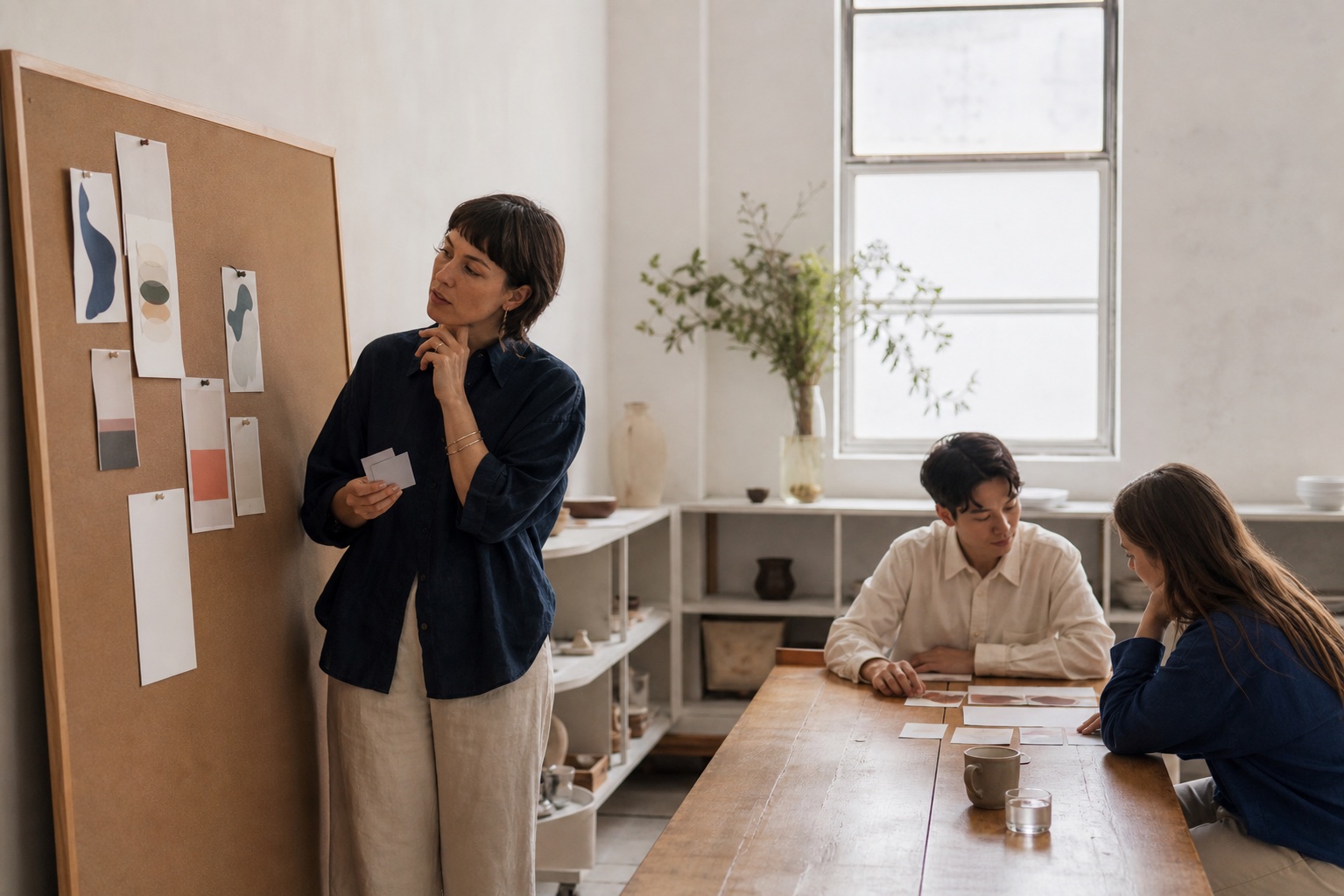 An educator preparing a course session with two community members