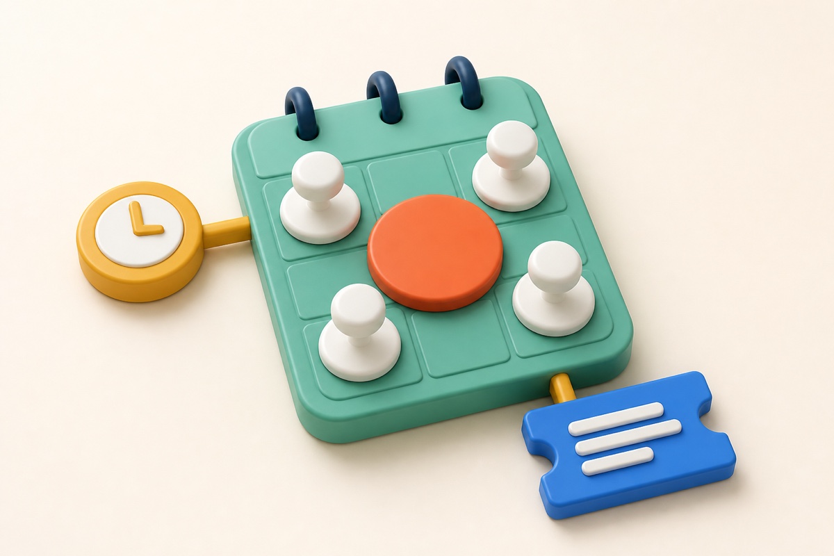 A tactile 3D workshop kit with a calendar, seats, time marker, and ticket