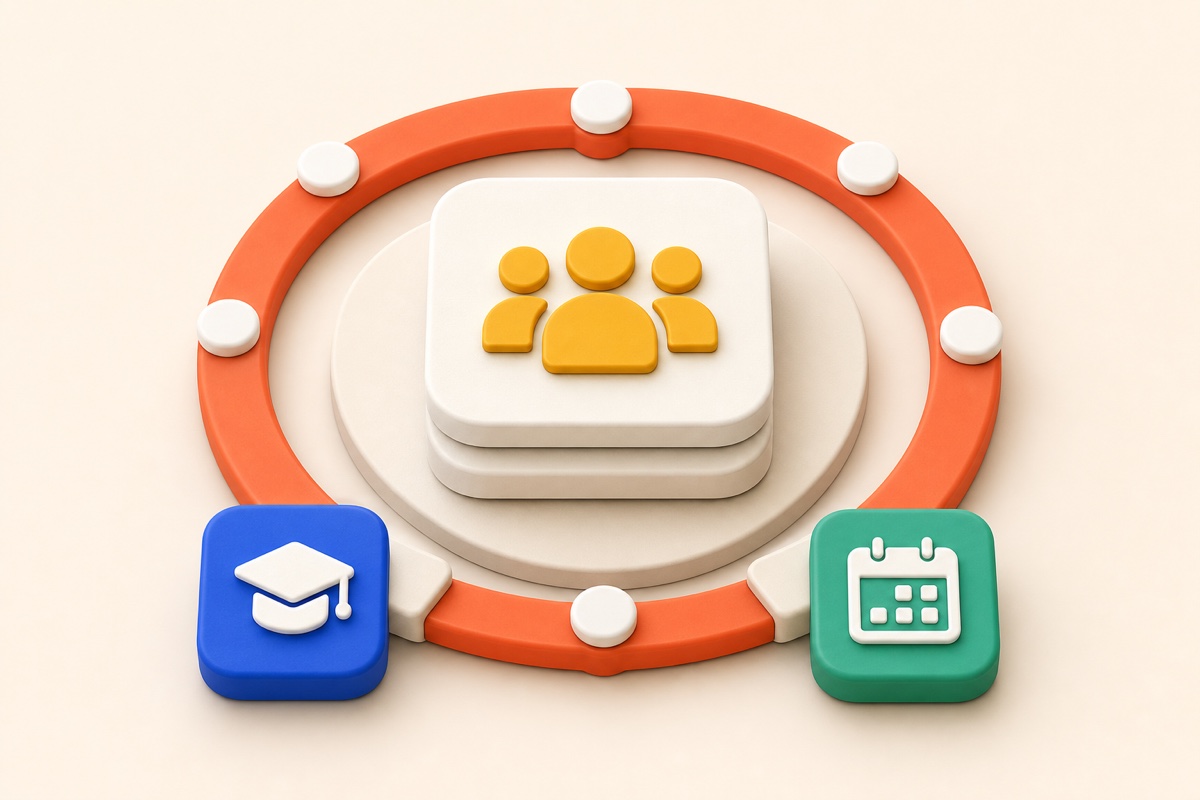 A tactile 3D membership loop connecting community, courses, and events